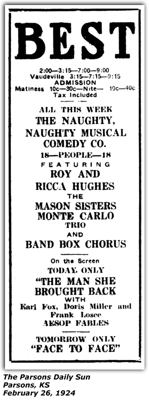 Promo Ad - Best Theater - Parsons, KS - February 26, 1924 - Roy and Ricca Hughes - Mason Sisters - Monte Carlo Trio
