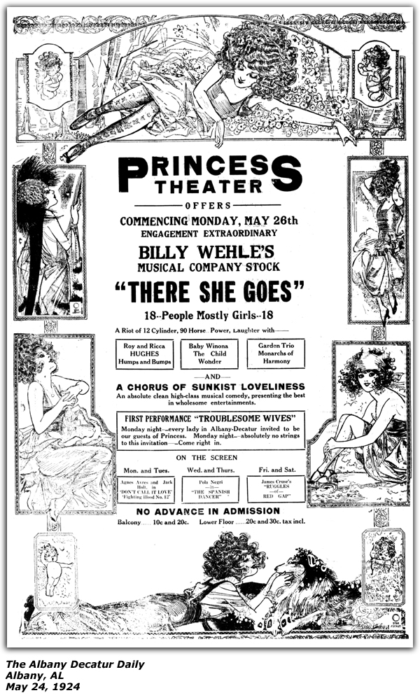 Promo Ad - Princess Theatre - Albany, AL - May 24, 1924 - Billy Wehle - Roy and Ricca Hughes, Humps and Bumps