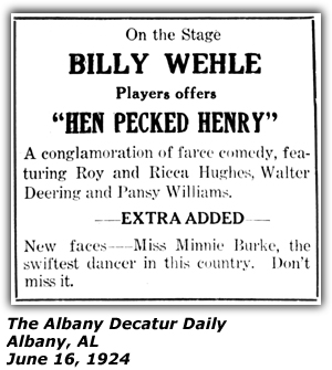 Promo Ad - Albany, AL - June 16, 1924 - Roy and Ricca Hughes - Walter Deering - Pansy Williams