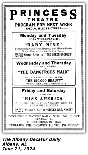 Promo Ad - rincess Theatre - Albany, AL - June 21, 1924 - Billy Wehle - Roy and Ricca Hughes - Minnie Burke - Walter Deering - Sunkist Chorus