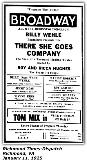 Promo Ad - Broadway Theatre - Richmond, VA - January 11, 1925 - Roy and Ricca Hughes, The Young Old Couple
