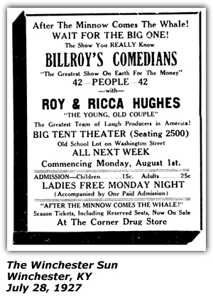 Promo Ad - Big Tent Theater - Winchester, KY - July 28, 1927 - Billroy's Comedians - Roy and Ricca Hughes, The Young Old Couple