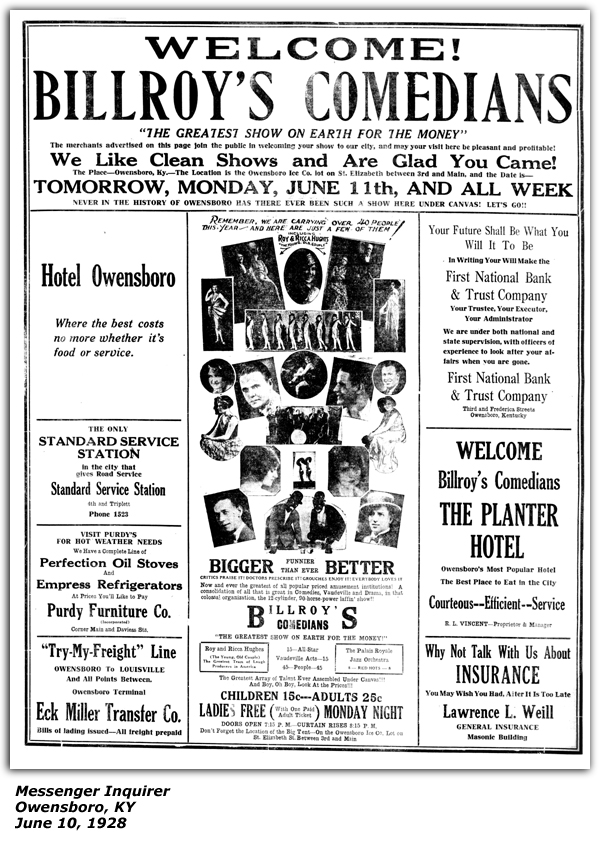 Promo Ad - Hotel Owensboro - The Lanter Hotel - Owensboro, KY - June 10, 1928 - Roy and Ricca Hughes