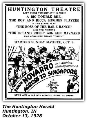 Promo Ad - Hungtington Theatre - Huntington, IN - October 13, 1928 - Roy and Ricca Hughes Players