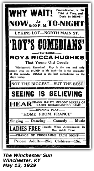 Promo Ad - Tent Theatre - Lykins Lot - North Main Street - Winchester, KY - May 13, 1929 - Roy and Ricca Hughes, That Young Old Couple