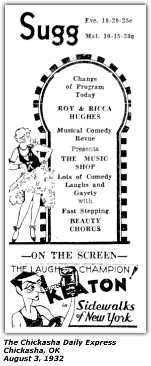 Promo Ad - Sugg Theatre - Chickasha, OK - Aogust 3, 1932 - Roy and Ricca Hughes