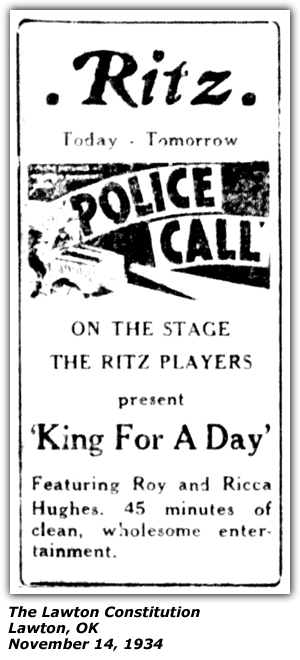 Promo Ad - Ritz Theatre - Lawton, OK - November 14, 1934 - Roy and Ricca Hughes