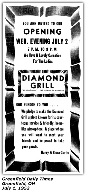 Promo Ad - Diamond Grill - Greenfield, OH - Harry and Ricca Curtis - July 1, 1952