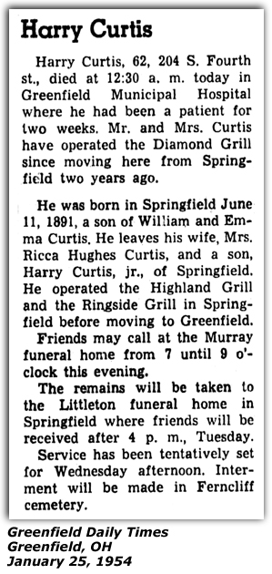Obituary - Harry Curtis - Greenfield, OH - January 25, 1954