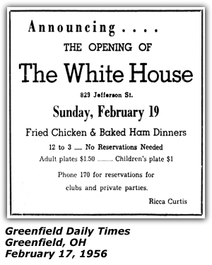 Promo Ad - The White House - Greenfield, OH - February 17, 1956 - Ricca Curtis