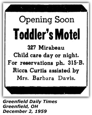 Promo Ad - Toddler's Motel - Greenfield, OH - December 2, 1959 - Ricca Curtis, assisted by Mrs. Barbara Davis