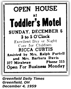 Promo Ad - Toddler's Motel - Greenfield, OH - December 4, 1959 - Ricca Curtis - Mrs. Ralph Purtell - Mrs. Barbara Davis