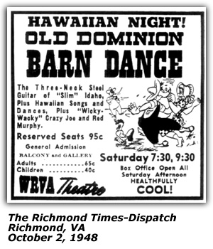 Promo Ad - WRVA Old Dominion Barn Dance - WRVA Theatre - Richmond, VA - Veteran's Night - Sunshine Sue, Slim Idaho, The Carter Sisters, Cousin Crazy Joe Maphis, Benny Kissinger - February 1948