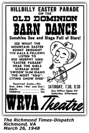Promo Ad - WRVA Old Dominion Barn Dance - WRVA Theatre - Richmond, VA - Sunshine Sue, Bill and Arline Wiltshire, Slim Idaho - July 1947