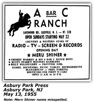Promo Ad - Promo Ad - A Bar C Ranch - Cassville, NJ - Merv Shiner - Billy Willoughby - Frontier Girl - Susty Starr's Western Ramblers - May 13, 1955