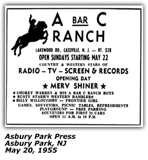 Promo Ad - Promo Ad - A Bar C Ranch - Cassville, NJ - Merv Shiner - Billy Willoughby - Frontier Girl - Susty Starr's Western Ramblers - May 20, 1955