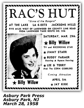 Promo Ad - Rac's Hut - Jackson Mills, NJ - Billy Willow - March 1958
