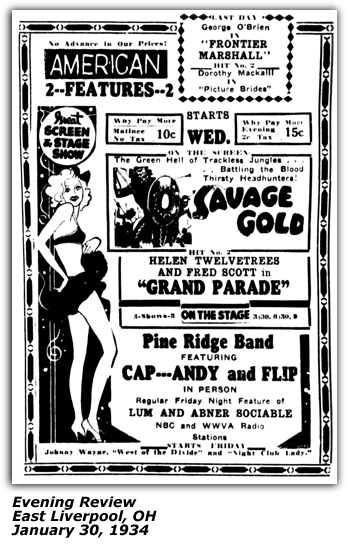 Promo Ad - American Theatre - East Liverpool, OH - Cap, Andy and Flip - January 1934