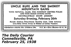 Promo Ad - Connellsville State Armory - Uncle Rufe and the Smokey Mountain Gang - February 1938