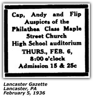Promo Ad - Philathea Class Maple Street Church High School Auditorium - Lancaster, PA - Cap, Andy and Flip - February 1936