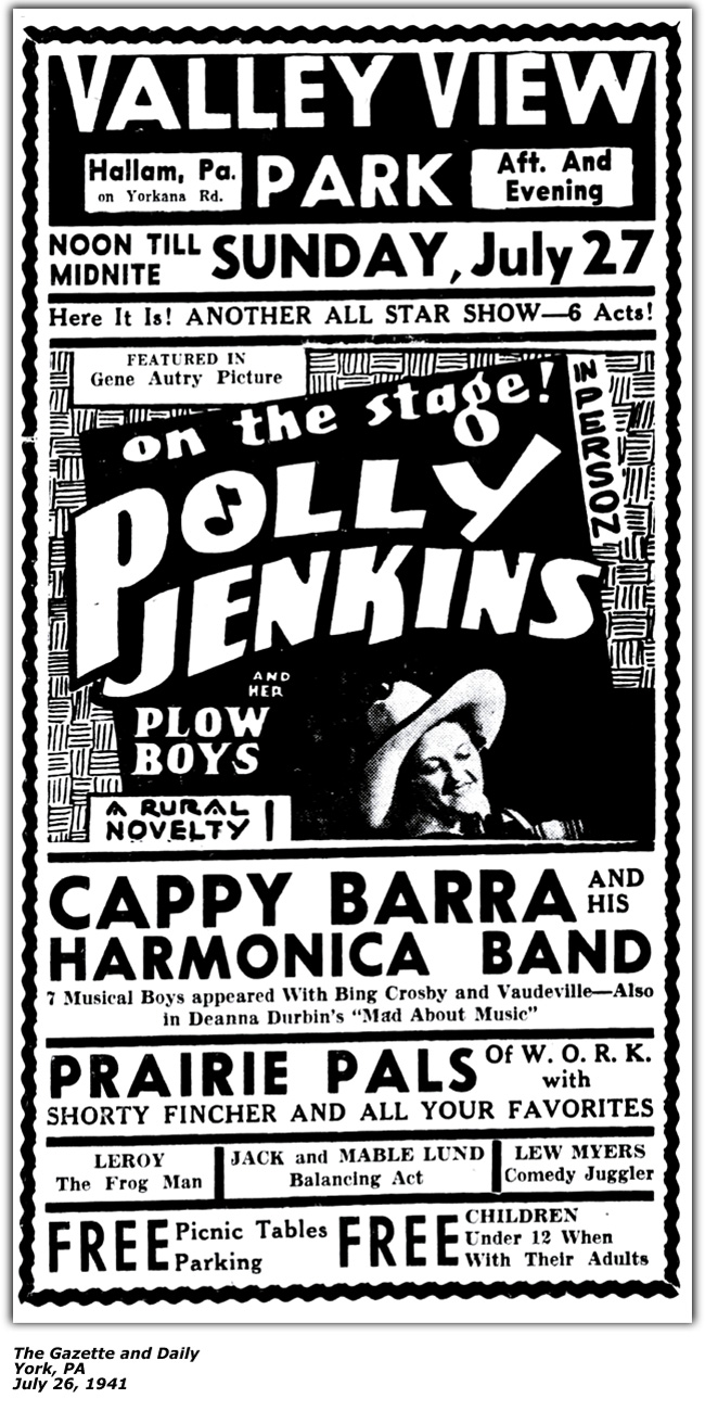 Promo Ad - Valley View Park July 27 1940 - Shorty Fincher and his Prairie Pals - Polly Jenkins