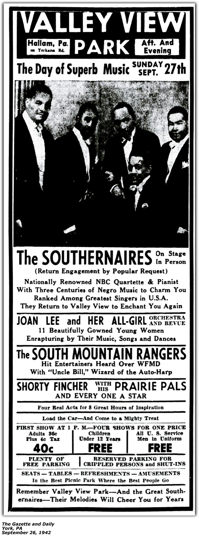 Promo Ad - Valley View Park Season Closing Sep 26 1942 - Shorty Fincher and his Prairie Pals -  Southernaires