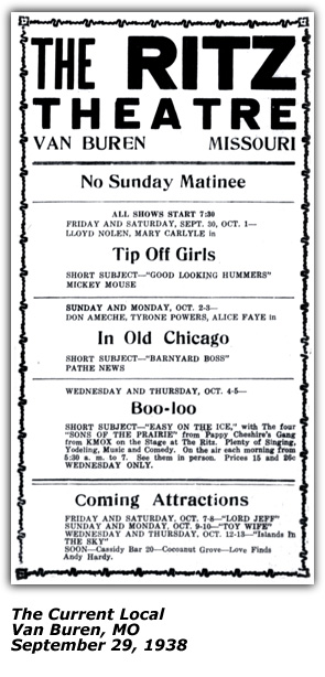 Ritz Theater Ad - Van Buren MO - Four Sons of the Prairie - Sep 1938