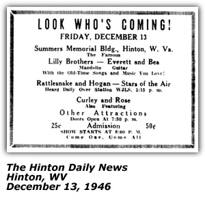 Promo Ad - Summers Memorial Building - Hinton, WV - Lilly Brothers - Rattlesnake and Hogan - December 1946