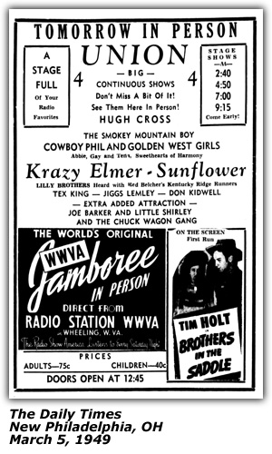 Promo Ad - Hugh Cross - Cowboy Phil and Golden West Girls - Lilly Brothers - Crazy Elmer - Sunflower - March 1949