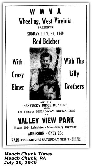 Promo Ad - Valley View Park - WWVA - Red Belcher - Crazy Elmer - Lilly Brothers - July 1949