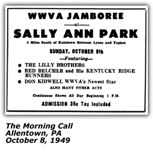 Promo Ad - WWVA Jamboree - Sally Ann Park - Lilly Brothers - Red Belcher and his Kentucky Ridge Runners - Don Kidwell - October 1949