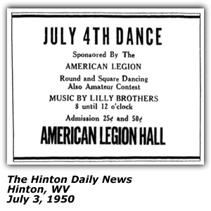 Promo Ad - July 4th Dance - American Legion Hall - Hinton, WV - Lilly Brothers - July 1950