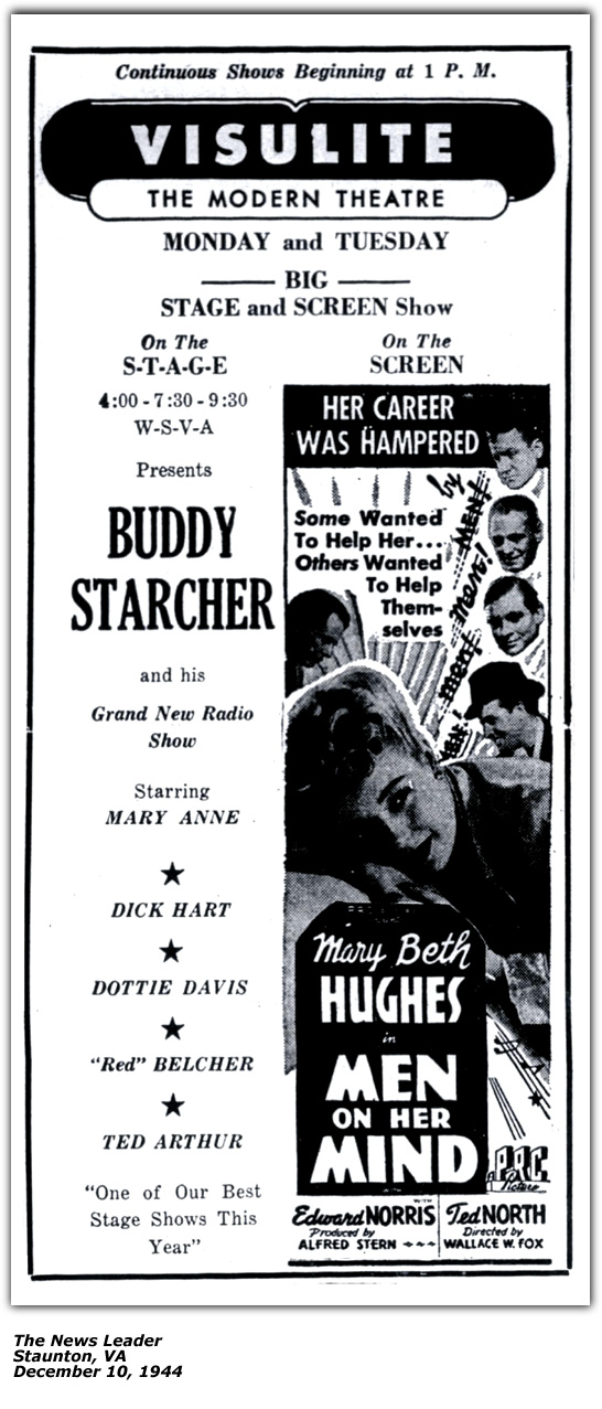 Red Belcher with Buddy Starcher Ad - Staunton, VA - December 1944