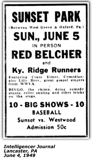 Promo Ad- Red Belcher and Kentucky Ridgerunners - Sunset Park - June 1949