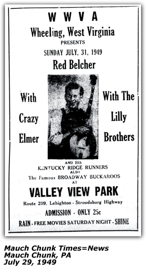 Promo Ad- Red Belcher and Kentucky Ridgerunners - Valley View Park - July 1949