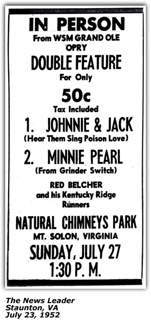 Promo Ad- Red Belcher and Kentucky Ridgerunners - Natural Chimneys Park - July 1952