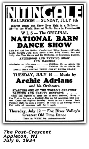 Promo Ad - WLS National Barn Dance - Linda Parker - Appleton, WI - July 1934