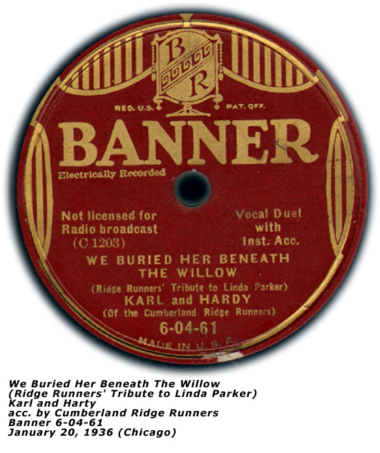 Banner  6-04-61 - We Buried Her Beneath The Willow - Karl and Hardy (Harty) - Tribute to Linda Parker - Circa 1936