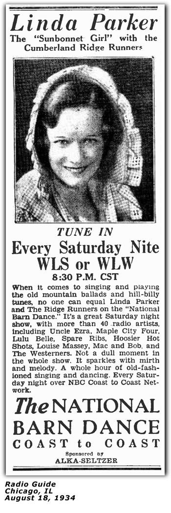 Promo Ad - Radio Guide - Linda Parker - National Barn Dance - Aug 18 1934