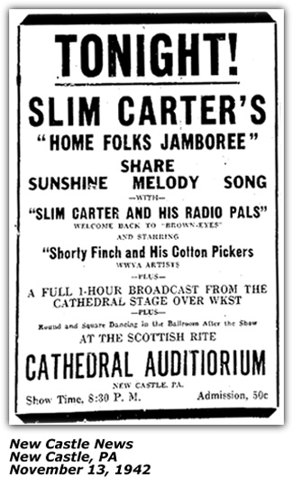 Promo Ad - Slim Carter Home Folks Jamboree - New Castle PA WKST - November 1942