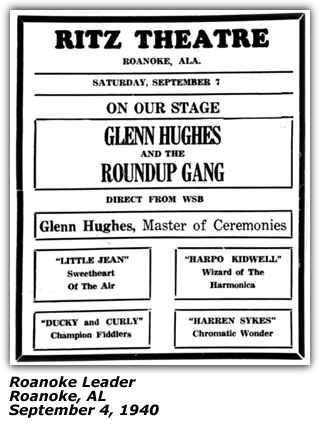 Promo Ad - Ritz Theatre - Roanoke, AL - Glenn Hughes and the Roundup Gang - Harpo Kidwell - Little Jean - WArren Sykes - September 1940
