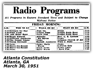 Radio Log - WSB - Harpo Kidwell - Atlanta, GA - March 1951