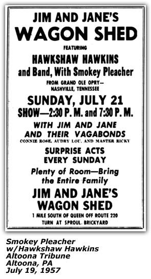 Promo Ad - Smokey Pleacher with Hawkshaw Hawkins - Altoona PA 1957