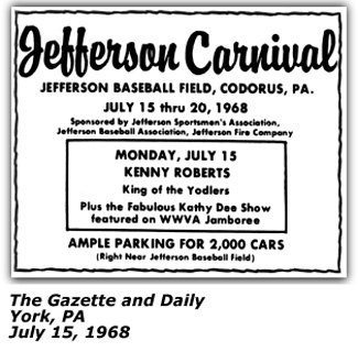 Promo Ad - Kathy Dee - Jefferson Carnival - July 1968 - Codorus PA