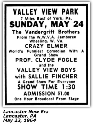 Promo Ad - Valley View Park - York, PA - Vandergrift Brothers - Crazy Elmer - Prof. Clyde Fogle - Sally Fincher - May 1964