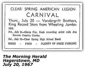 Promo Ad - Clear Spring American Legion Carnival - Vandergrift Brothers - Hagerstown, MD - July 1967