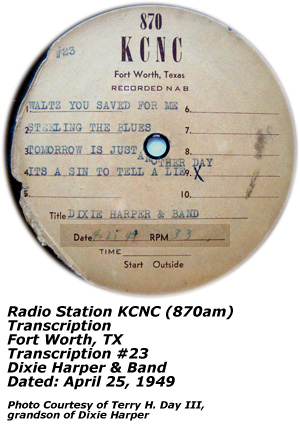 KCNC Transcription Disc - Dixie Harper - No. 23 - April 1949