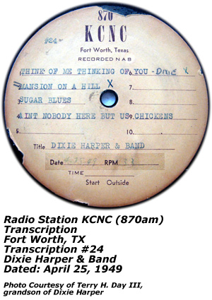 KCNC Transcription Disc - Dixie Harper - No. 24 - April 1949