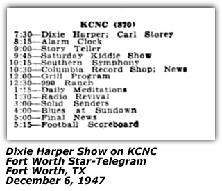 Radio Log - KCNC - Dixie Harper Show - December 1947