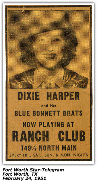 Promo Ad - Dixie Harper - Ranch Club - February 1951